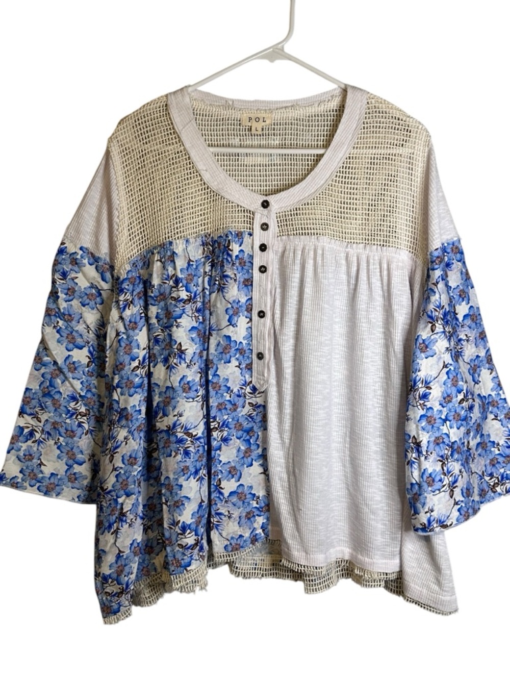 POL Floral Patchwork Boho Babydoll Tunic L Lagenlook Coastal Cottage Artsy Mesh